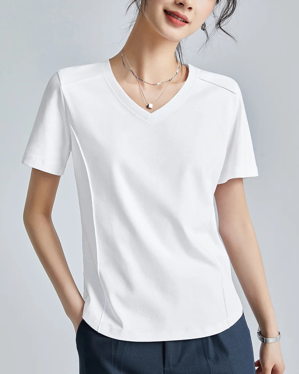 Knitted Mercerized Cotton V-Neck T-Shirt
