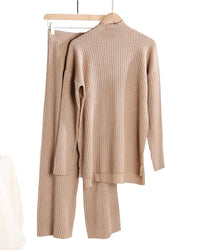 Half-Turtleneck Knit Sweater & High Waist Wide-Leg Trouser Set