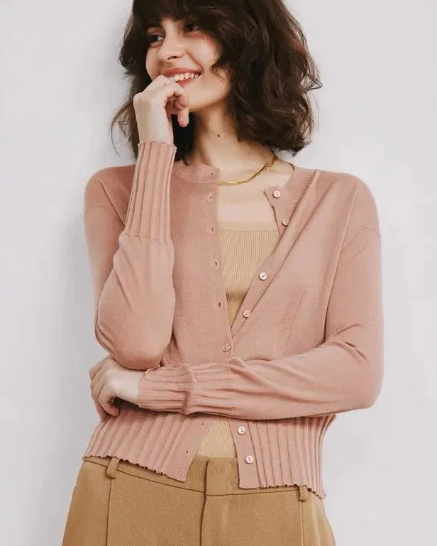 Women's Round Neck short cardigan crafted from lightweight polyester fiber, featuring a slim fit and single breasted closure for comfortable layering from warm office days to cool coastal evenings.
