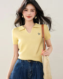 Polo collar knit top — a lightweight, slightly stretchy short-sleeve style crafted for warm-season ease. 