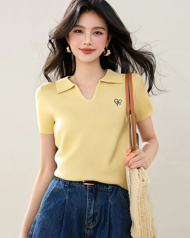 Polo collar knit top — a lightweight, slightly stretchy short-sleeve style crafted for warm-season ease. 