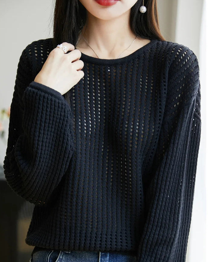 Pure Cotton Openwork Long-Sleeve T-Shirt