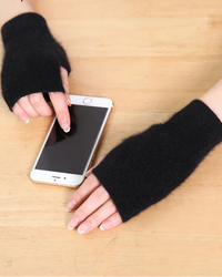 Women's Raccoon wool blend fingerless thumb hole gloves featuring a sculpted ribbed cuff, plush texture, and double-stitched seams, perfect for delivering poised warmth in cold office environments.