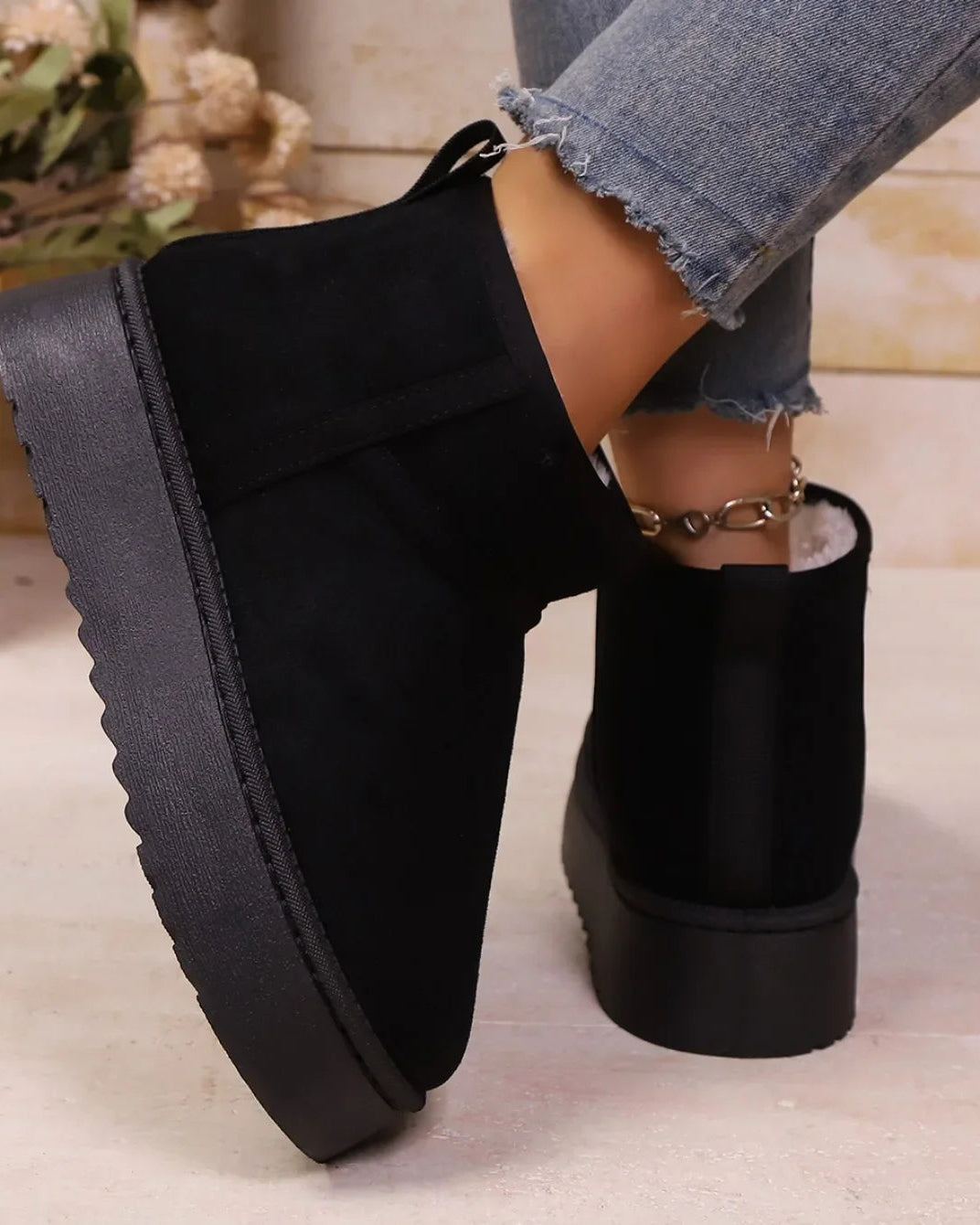 Flannel Slip-On Snow Ankle Boots