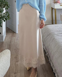 Satin Lace Trim A-Line Maxi Skirt