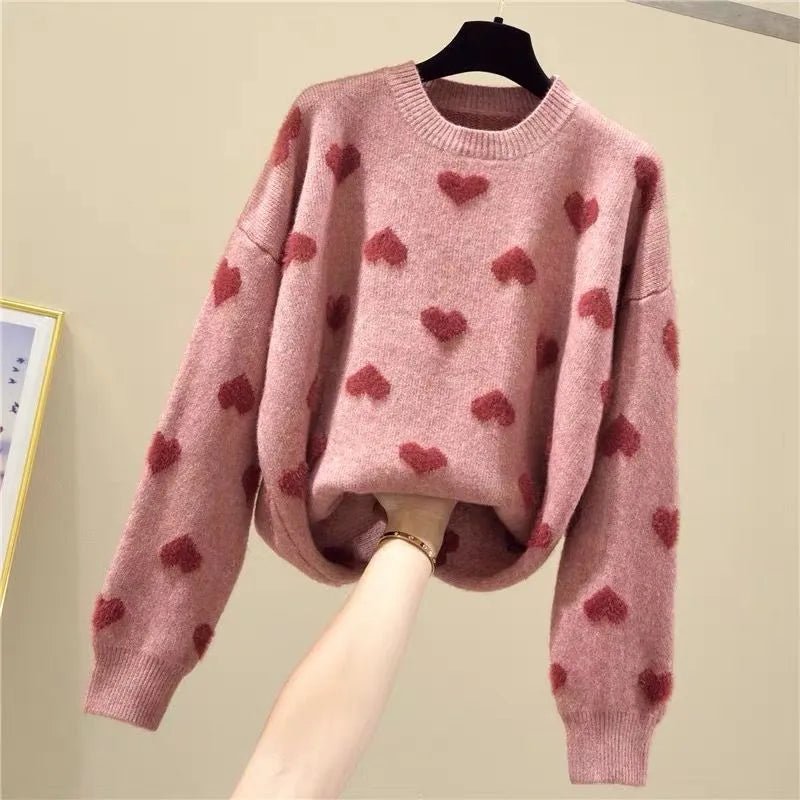 Pink Heart Winter Knitted Sweater