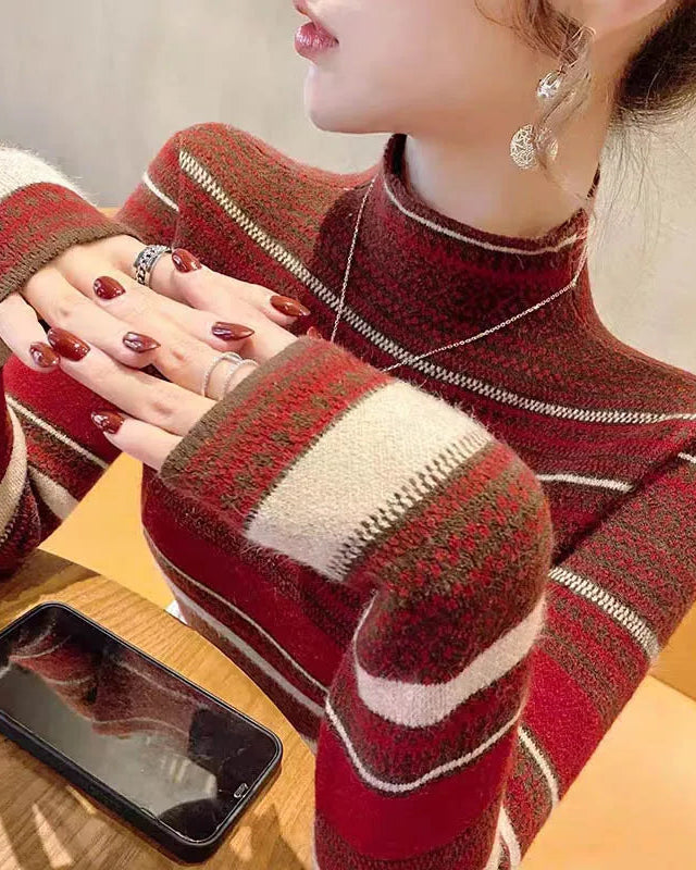 Striped Half-High Collar Slim Knit Pullover