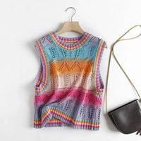 Rainbow Acrylic Knitted O-Neck Hollow Out Vest