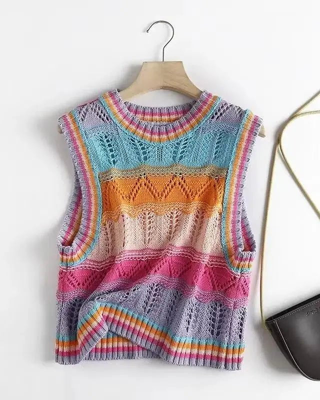 Rainbow Acrylic Knitted O-Neck Hollow Out Vest