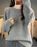100% merino wool solid jacquard cut-out round neck knit pullover. Soft, slight stretch — an elegant office spring autumn knitwear top for women.