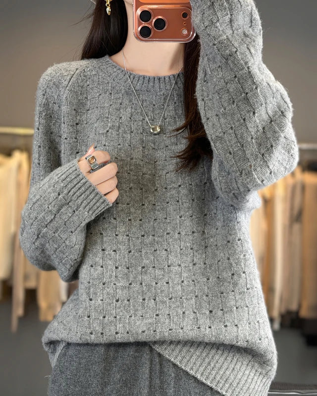 100% merino wool solid jacquard cut-out round neck knit pullover. Soft, slight stretch — an elegant office spring autumn knitwear top for women.