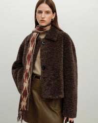Faux lambswool solid lapel single-breasted loose cropped coat. Thick, warm, and vintage — a chic casual autumn winter outerwear for women.