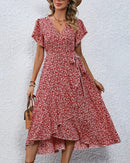 Floral Print V-Neck Lace-Up Flare Sleeve Midi Dress