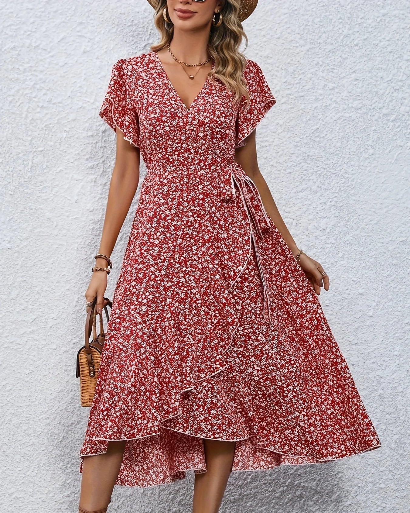 Floral Print V-Neck Lace-Up Flare Sleeve Midi Dress