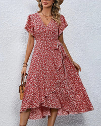 Floral Print V-Neck Lace-Up Flare Sleeve Midi Dress