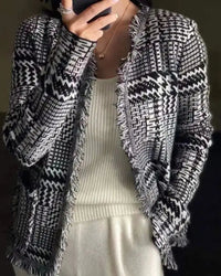 Houndstooth Fringe Cashmere Open Cardigan