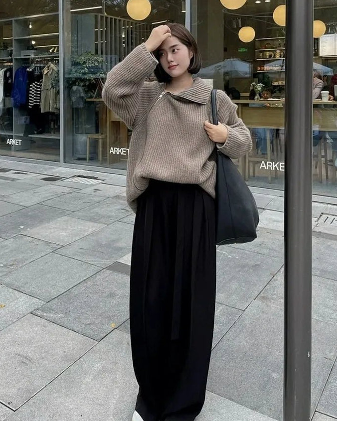 Oversized Irregular Zipper High Neck Cashmere Sweater