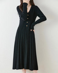 Merino Wool V-Neck Knit Midi Dress