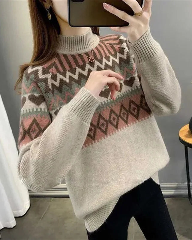Ethnic Jacquard Mock Neck Loose Thick Knit Pullover