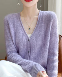 Wool V-Neck Curled Twisted Hollow-Out Open Cardigan