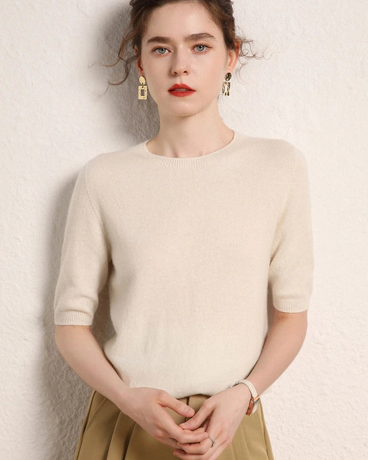 Cashmere Crewneck Half-Sleeve Top