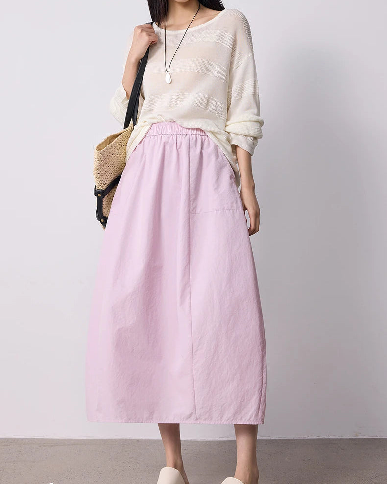 High-Waist Cocoon A-Line Midi Skirt
