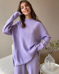 Loose Knit Sweatshirt & Wide-Leg Pants Two-Piece Set