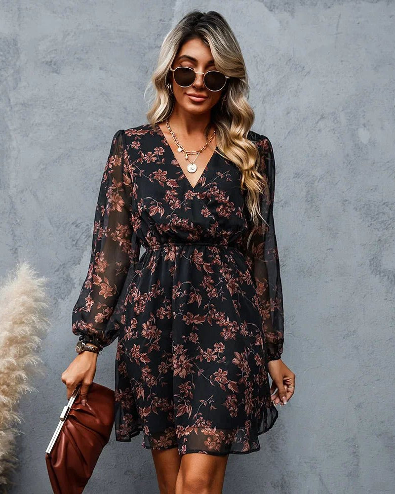 Floral Chiffon Long Sleeve V-neck Mini Dress