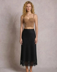 Satin Lace Trim A-Line Maxi Skirt