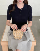 Polo Collar Button-Down Knit Top