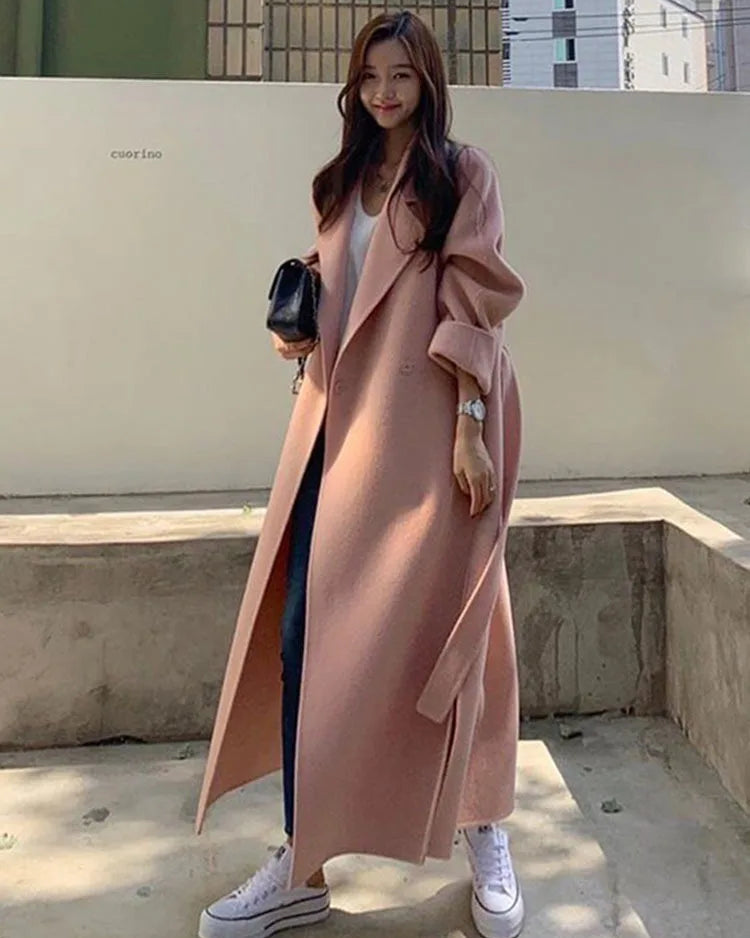 Women's Long Belted Lapel Coat