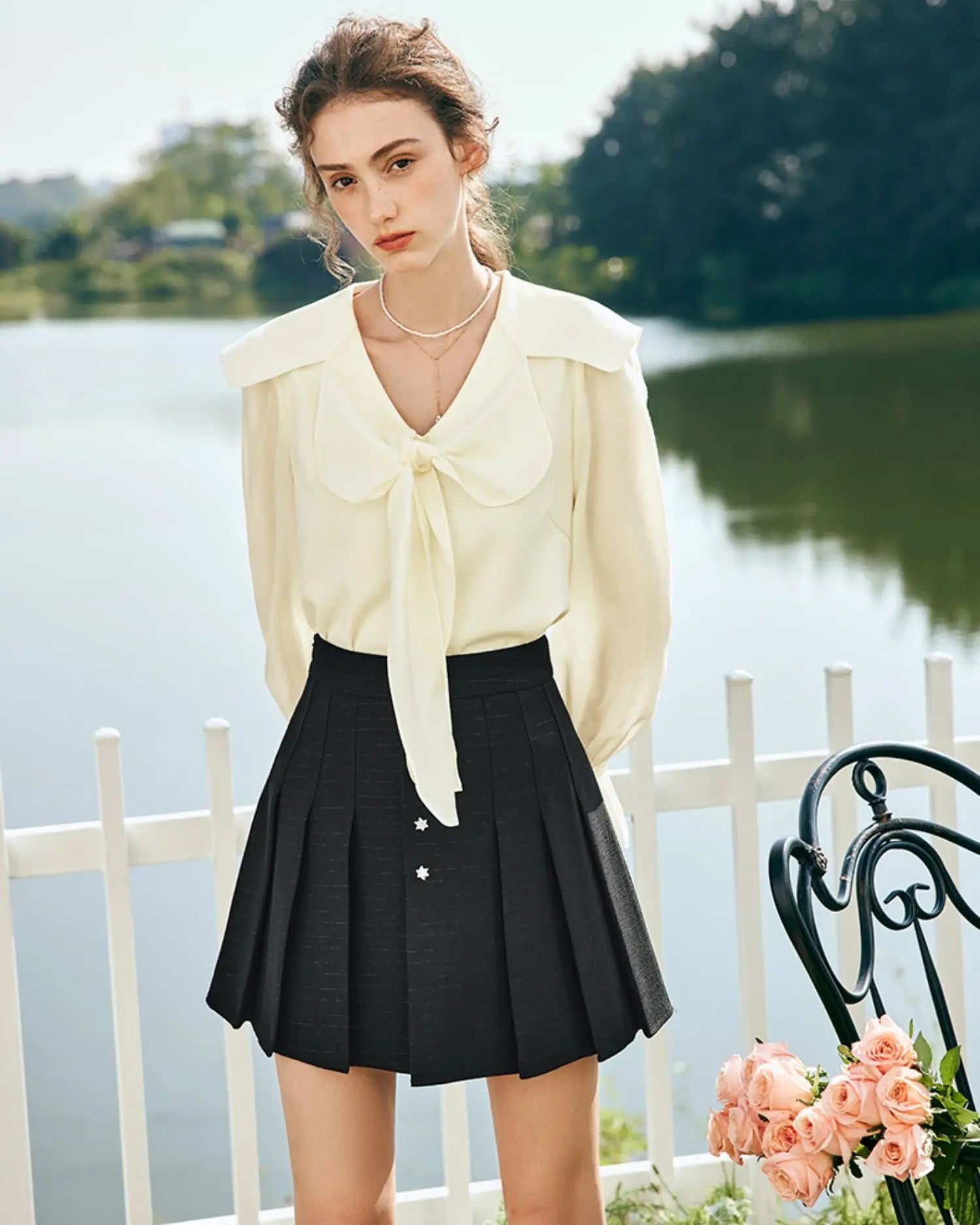 Elegant Lace V-Neck Bow Blouse