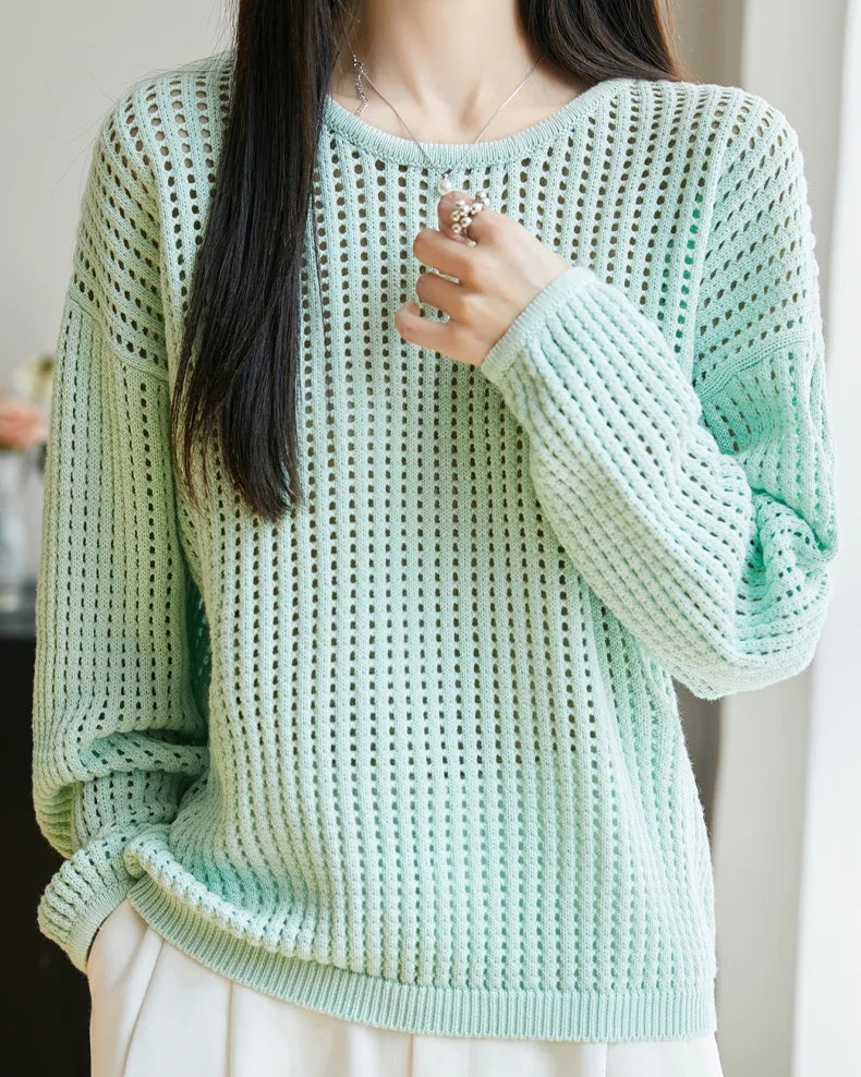 Pure Cotton Openwork Long-Sleeve T-Shirt
