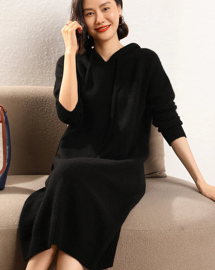 Cashmere Hooded Knit Sweater Dress