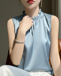 Loose And Casual Satin Vest T-Shirt With Ruffled Collar