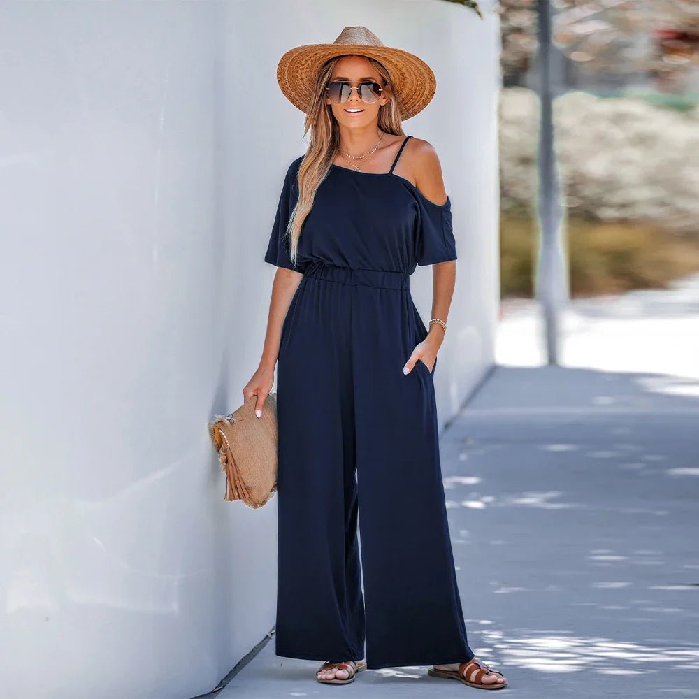 Open Shoulder Short Sleeve Wide Leg Jumpsuit