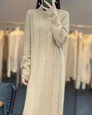 Wool cashmere blend solid turtleneck loose long knit dress. Soft, slight stretch, and H-silhouette — a warm elegant autumn winter sweater dress for women.
