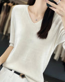 Merino Wool V-Neck Short-Sleeve Sweater
