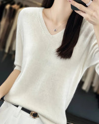 Merino Wool V-Neck Short-Sleeve Sweater