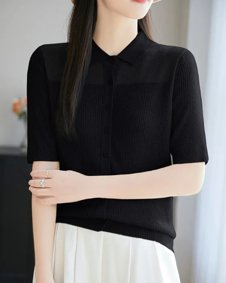 Relaxed Knit Turn-Down Collar Top