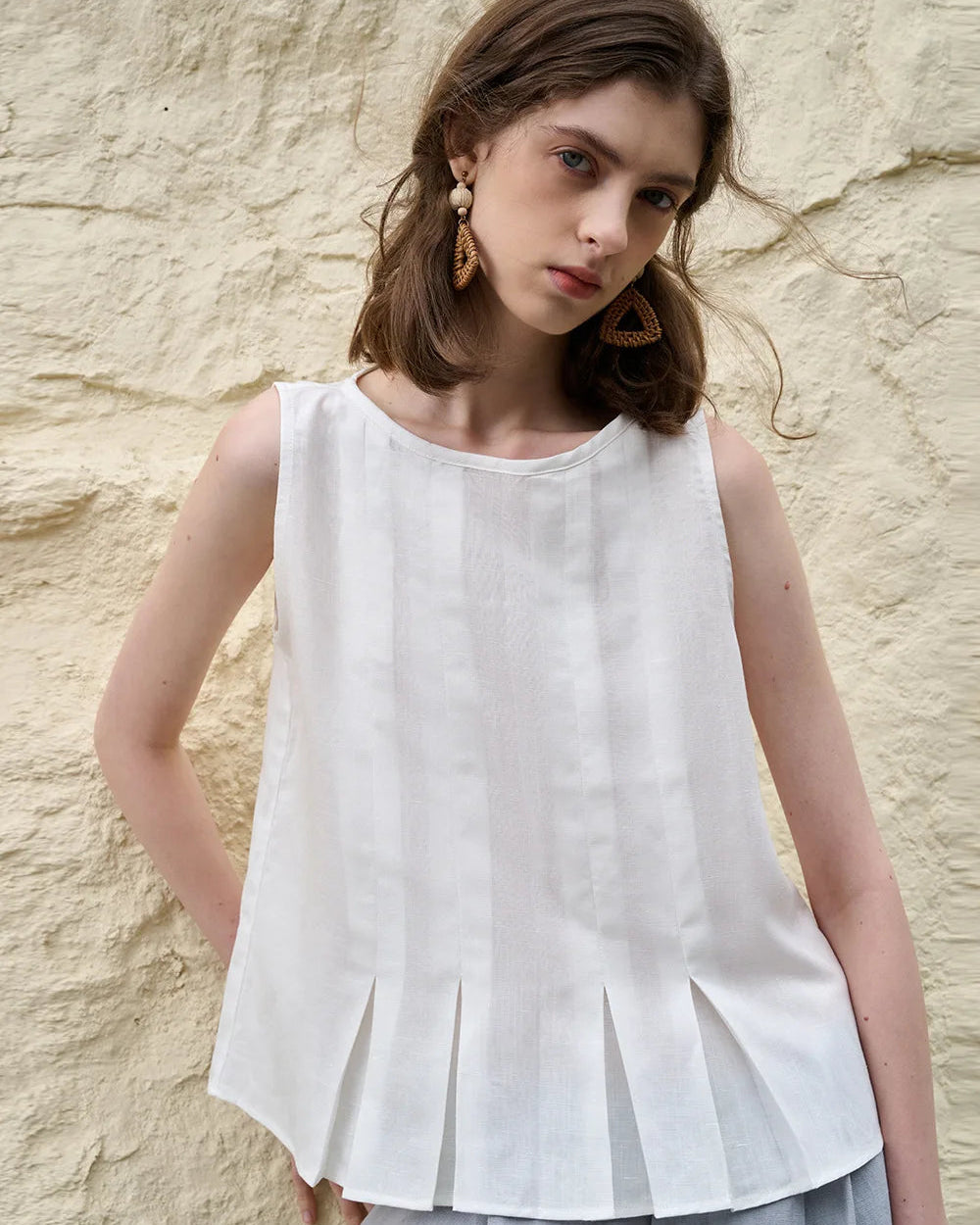 Linen Sleeveless Pleated Fashion Vest