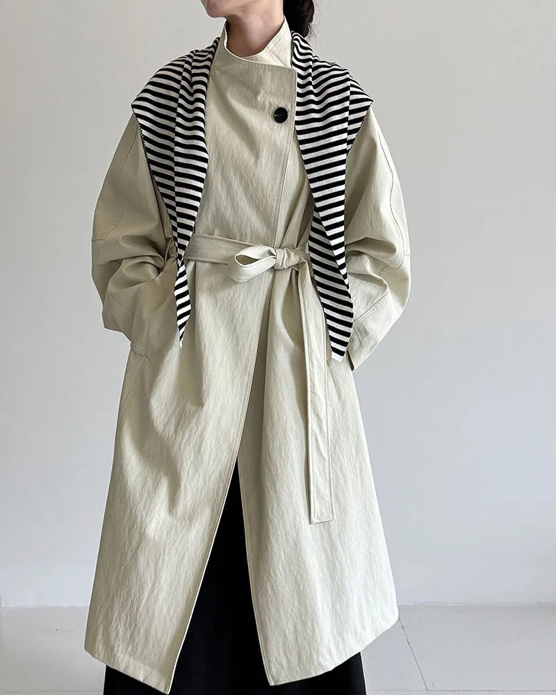 Minimalist Stand-Collar Belted Trench Coat
