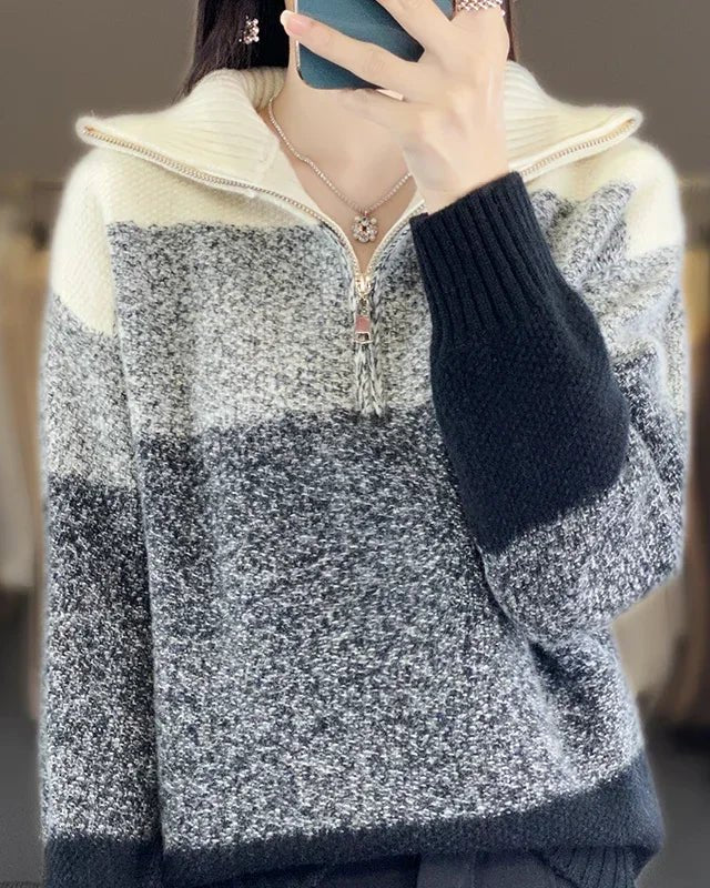 Color Block High Collar Wool Knitted Pullover Sweater