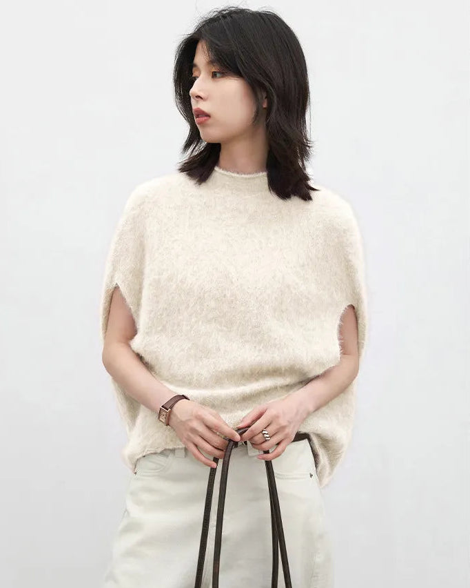 Wool Cashmere Turtleneck Sleeveless Loose Knit Sweater