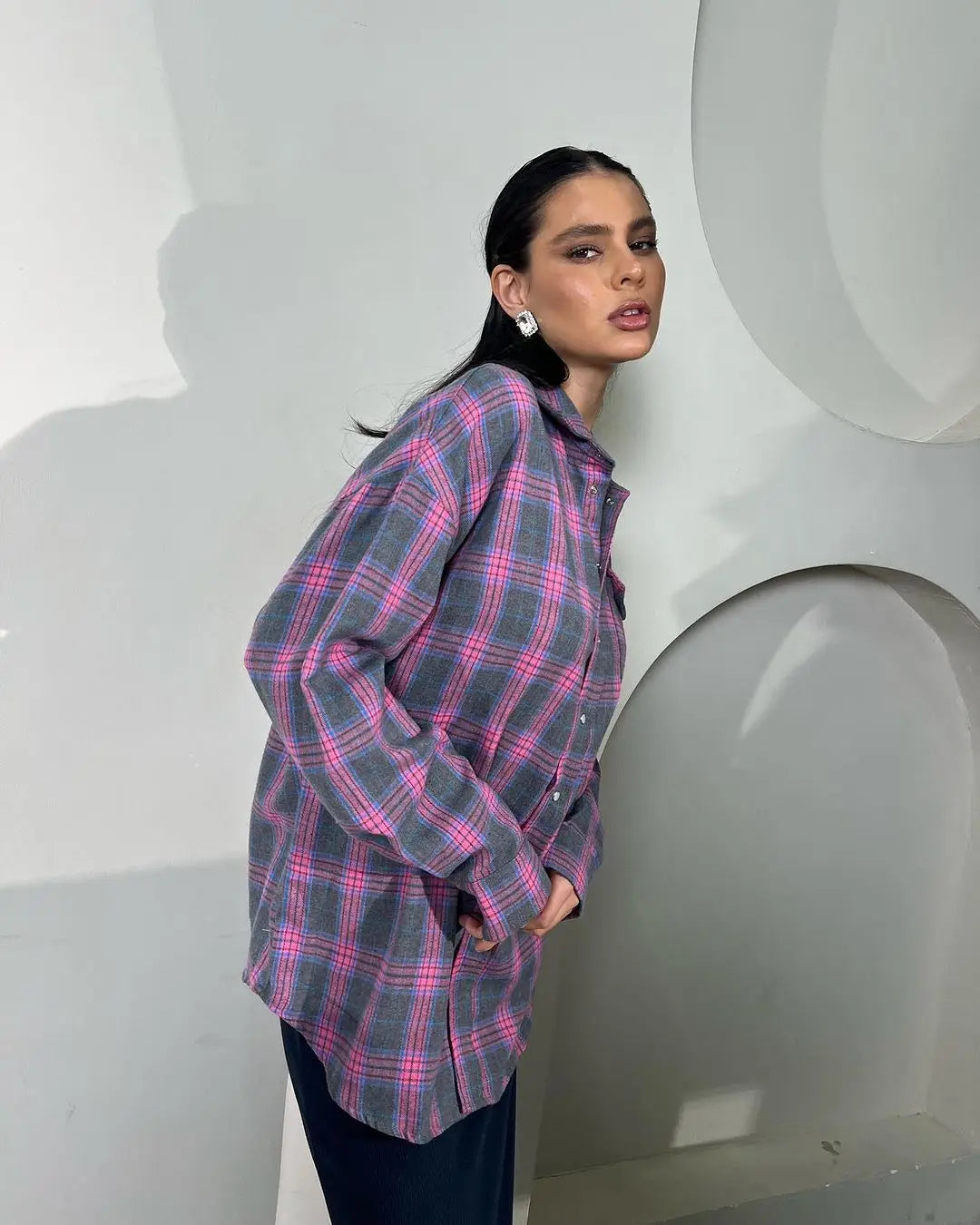 Vintage Plaid Oversized Long-Sleeve Shirt