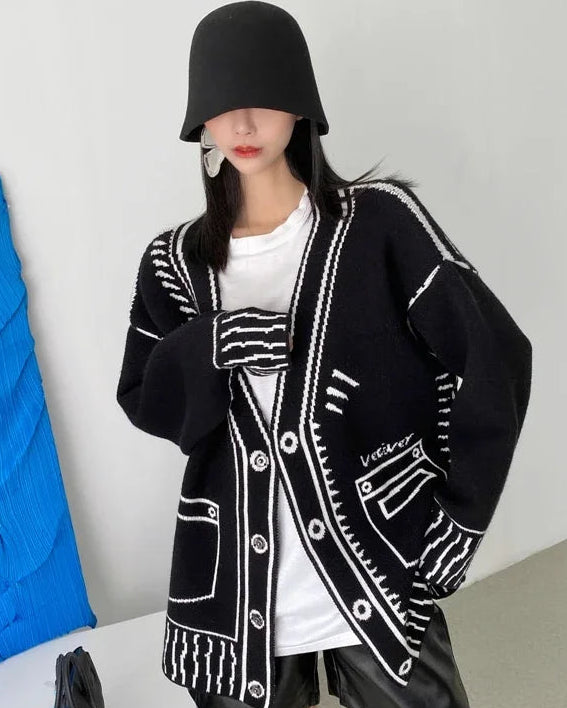 Graphic Wool Blend V-Neck Cardigan
