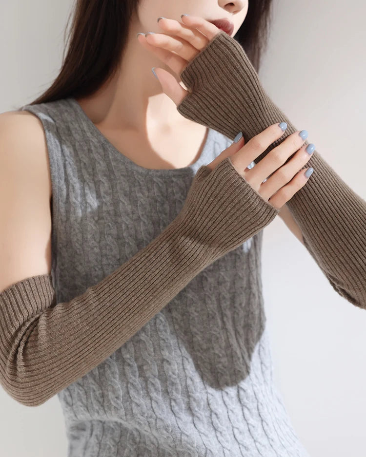 Women's Cashmere long fingerless gloves featuring a sculpted elbow-length cuff, semi-finger opening, and 100% cashmere fabric, perfect for delivering poised warmth in cold office environments.