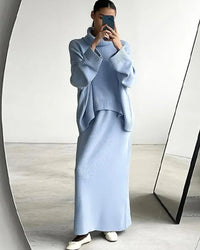 Turtleneck Knit Sweater Midi Skirt Set