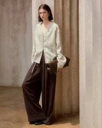 Loose V-Neck Button-Down Long-Sleeved Shirt