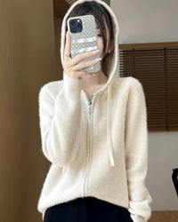 Wool Solid Hooded Zip-Up Open Cardigan Sweater